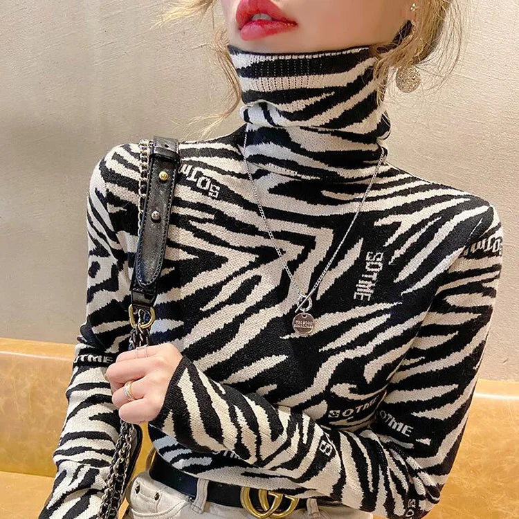Korean New Turtleneck Sweater Women Pullover Spring Autumn Leopard Print Long Sleeve Bottoming Slim Simple Female Sweater