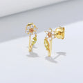 Fine Jewelry Earrings 925 Sterling Silver Earrings Flower Leaf Colored Zircon Gold Plated Stud Earrings for Women