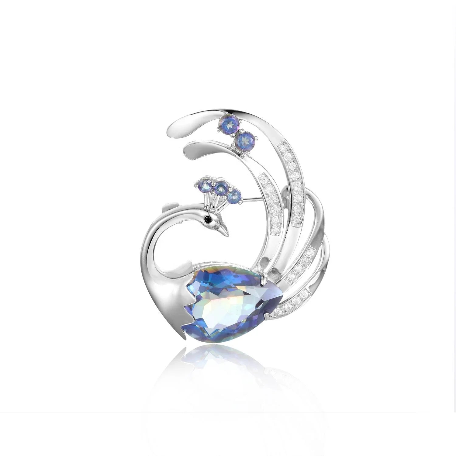 Abiding Pear 13X18 Natural Big Mystic Quartz-Blueish Stone 925 Sterling Silver Peacock Animal Pendant Brooch Jewelry for Women