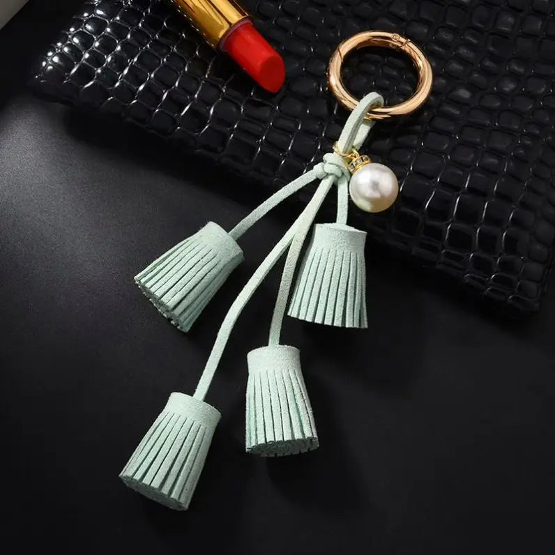 Korean Suede Cute Tassel Key Chain for Girls Leather Tassel Pearl Pendant Car Charm Ladies KeyChains Key Rings Bag Pendant