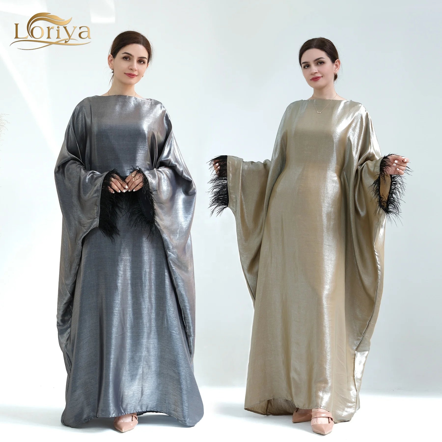 Loriya Feather Kaftan Abayas Women Muslim Dress Turkey Dubai Abaya Modest Dress With Inside Tie Belt Islamic Clothing