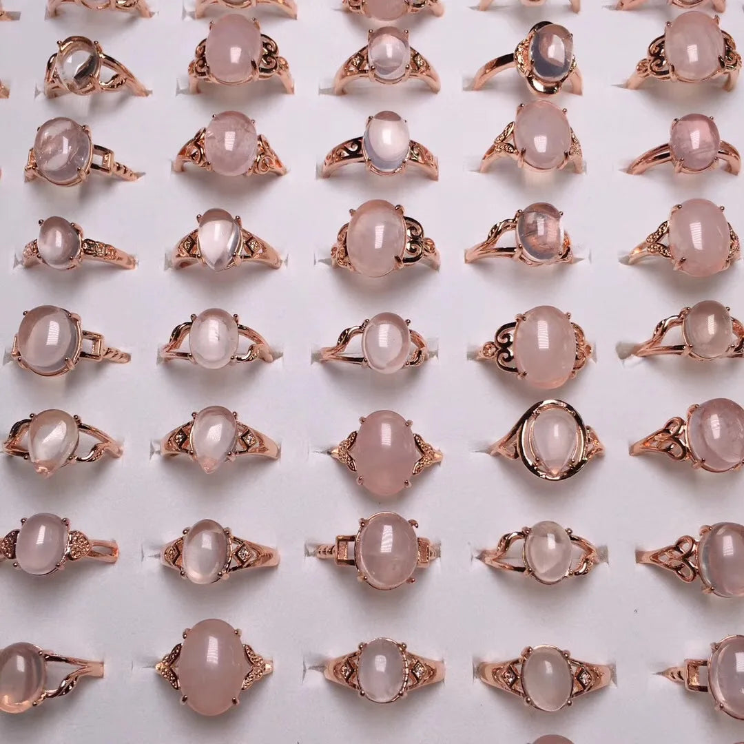 Girl Powder Crystal Rose Gold Plated Ring Rose Quartz Stone Adjustable Ring