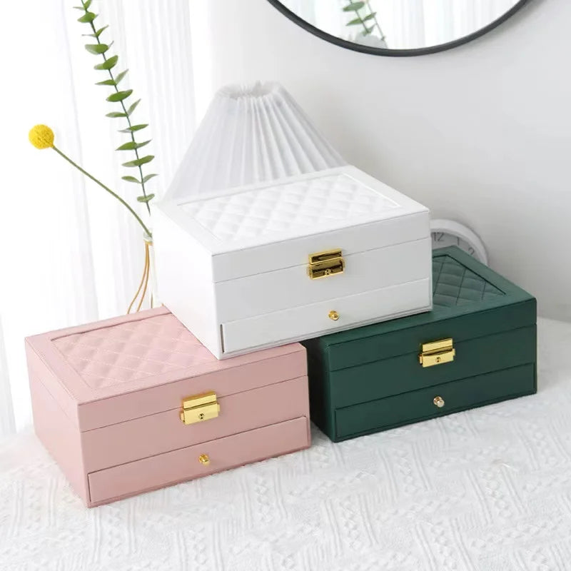 Handmade Double-Layer Large Capacity Leather Jewelry Display Holder Box Ring Necklace Organizer with Drawer Storage System
