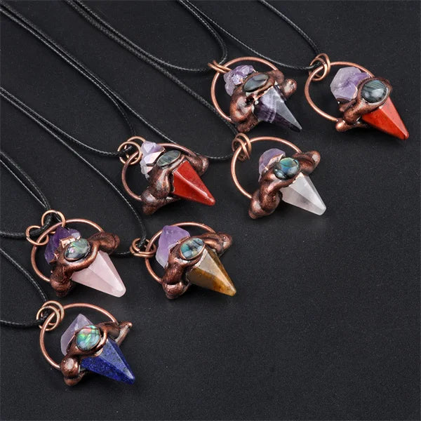 Bohemia Amethyst Quartz Crystal Retro Pendant Necklace Hexagonal Bronze Column Awl Original Abalone Shell Inlay Heart Shape Link