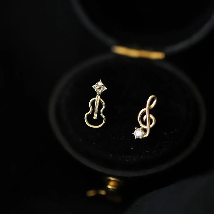 Gold Plated Pure 925 Sterling Silver Zircon Crystal Cute Elegant Note Violin Musician Stud Earrings for Women Girls