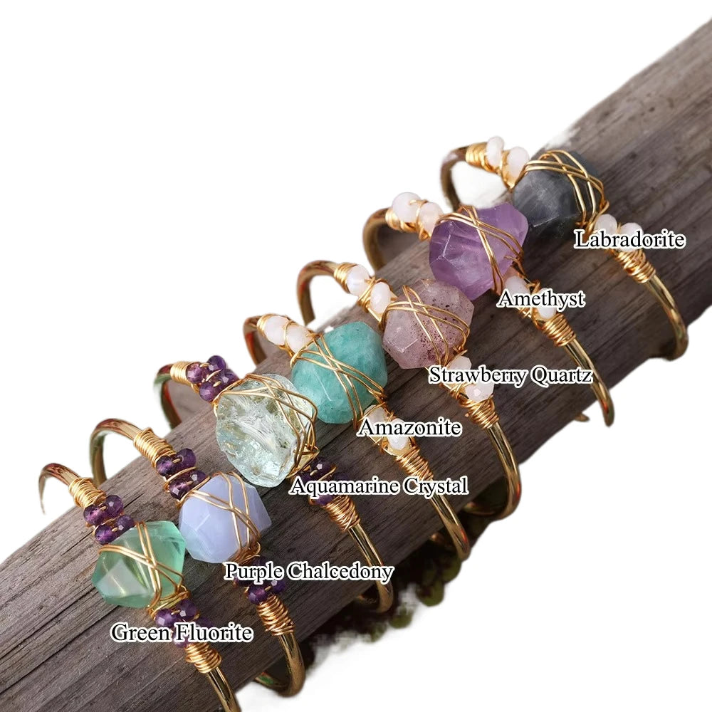 Natural Crystal Stone Nugget Beads Bracelets BangleWire Wrapped Gold Copper Open Cuff Bangles