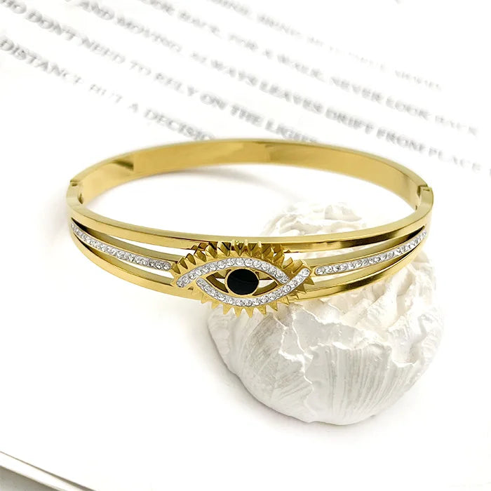 Fatingna OEM Girl Zircon Stainless Steel Lucky Eye Women's Bangle Trendy Hook Shape Pattern