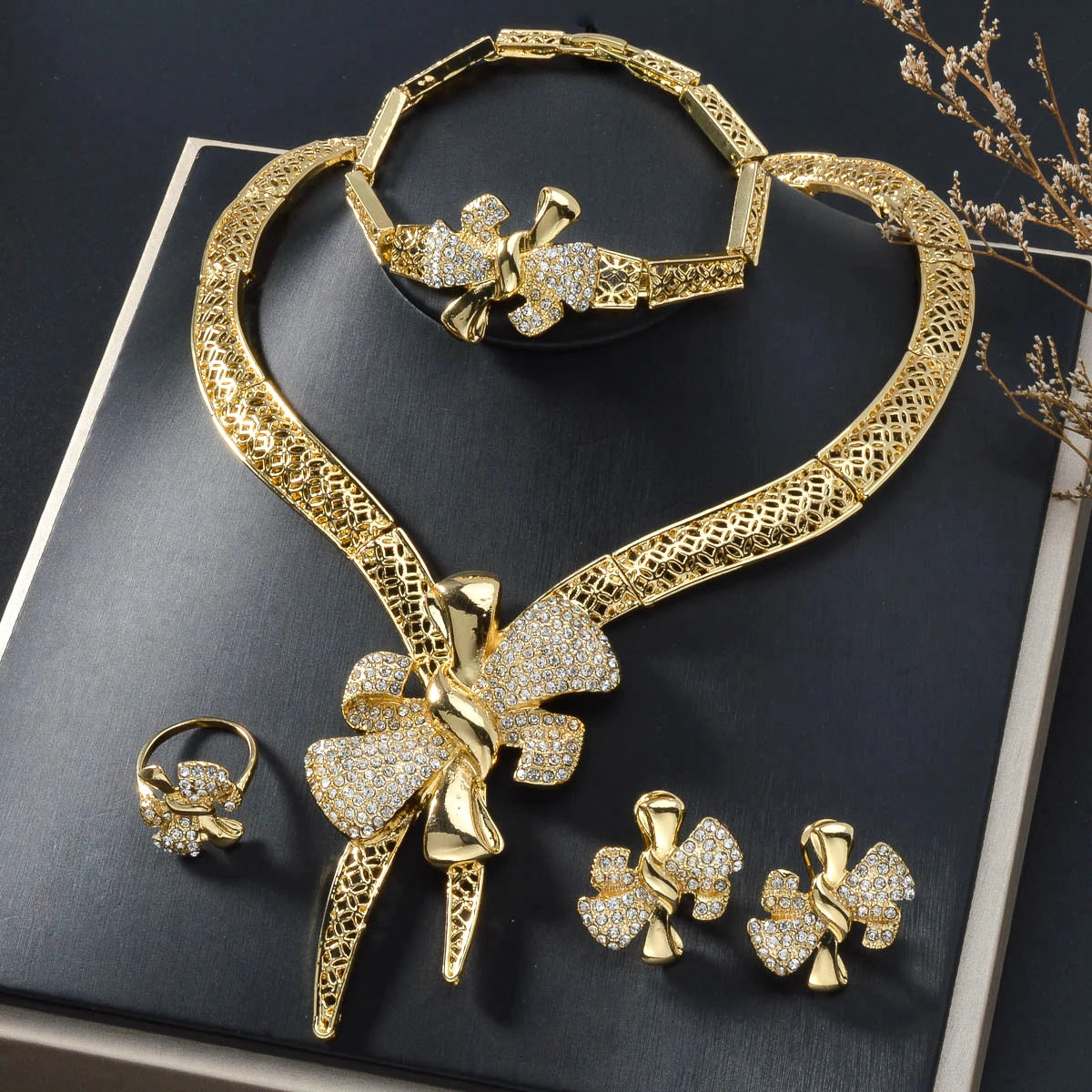 Fashion Dubai Bride Luxury 14K Gold Plated Zircon Knot Bracelet Necklace Ring Earring Jewelry Set
