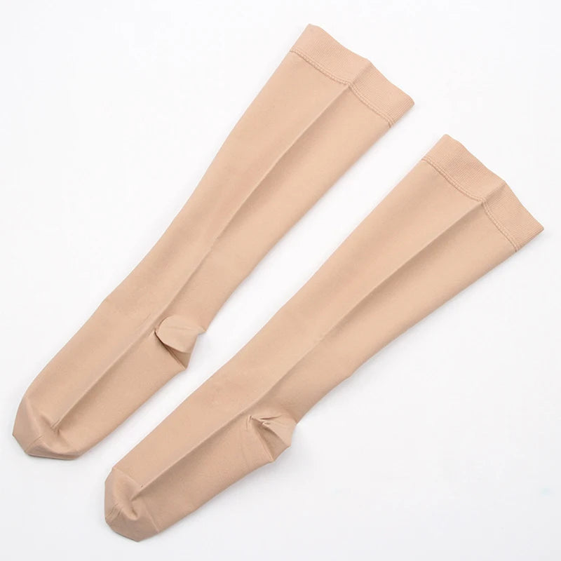 Compression Over Knee Beige Black Nylon Knitted Anti-Slip Breathable Anti-Bacterial Stockings Women Varicose Veins Prevention