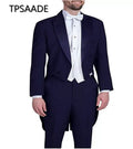 2023 Tailcoat Tuxedo 3 Pieces Evening Party Men Suits Peaked Satin Lapel One Button Wedding Groom Tuxedos Long Jacket Pants Vest