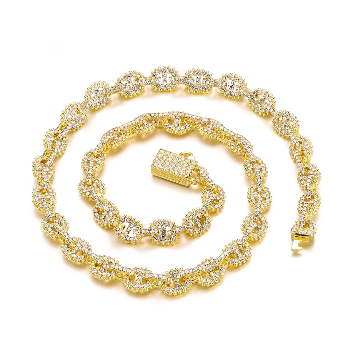 Hot Sale Hiphop Iced Fashion Alloy Crystal Jewelry Gemstone Pig Nose Necklace Bracelet Chain with Chain Necklace Set
