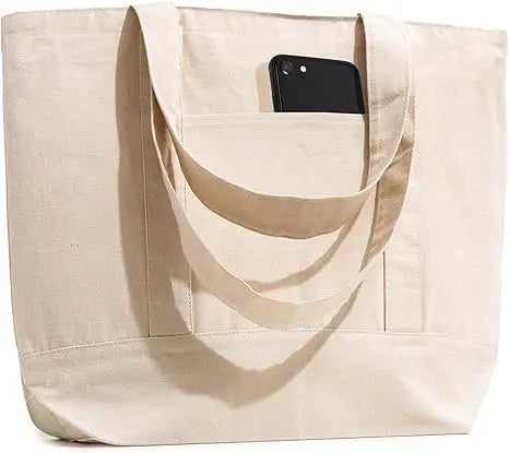 Heavy-Duty Cotton Canvas Totes Grocery Shopping Bags with Front inside Pocket Zippered Top-Free Cloth Bag for Groceries