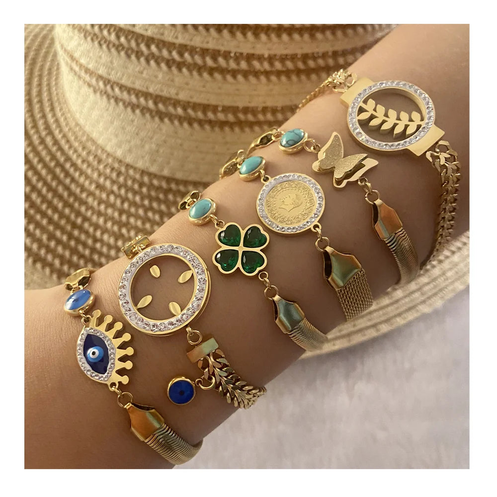 New Multi Design Adjustable 18k Gold Plated Anti Tarnish Stainless Steel Devils Eye Bracelets for Women Jewelry