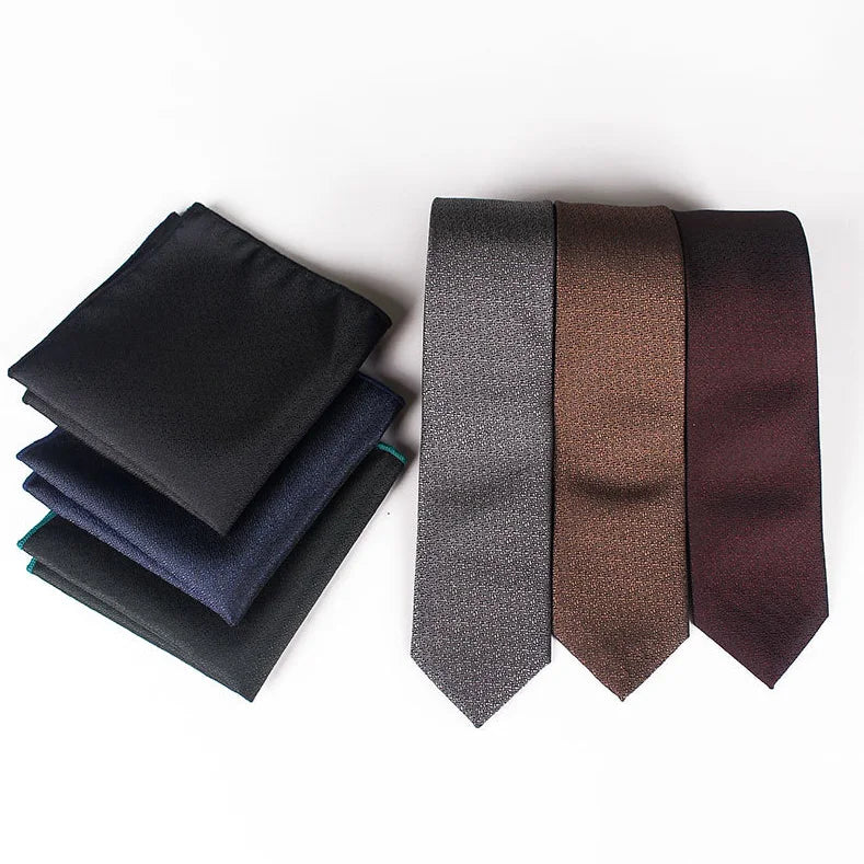 Custom Fashion 6cm Slim Silk Tie Solid Color Black Ties Pocket Square Set Handmade Men Woven Skinny Necktie Dor Wedding Party