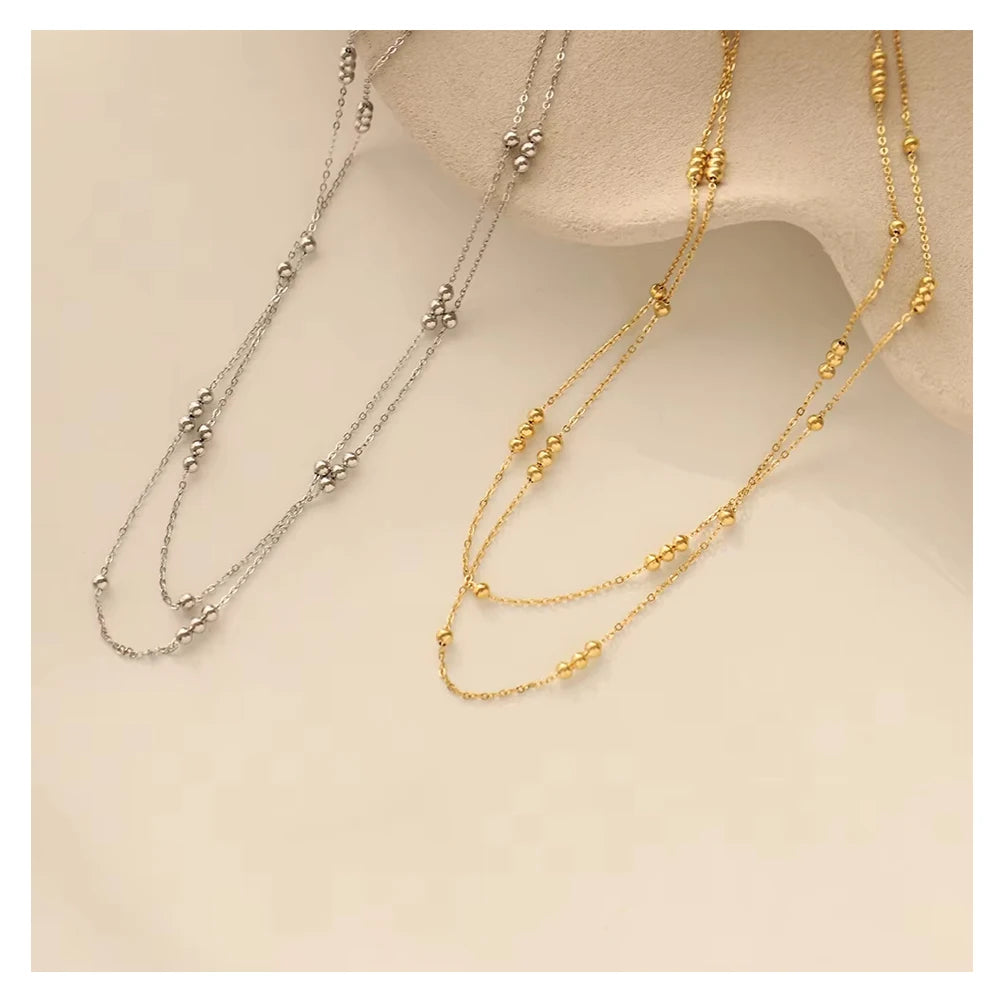 Delicacy 18k Gold Plated Stainless Steel Beaded Chain Double Layer Choker Necklace Fashion Women Jewelry