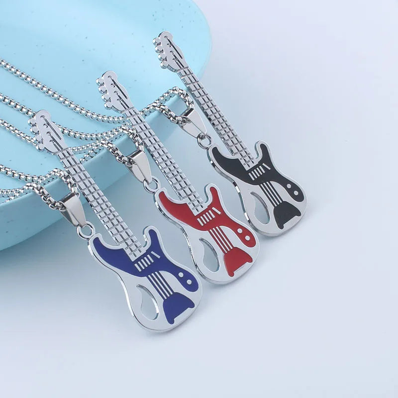 Men's Stainless Steel Necklace Hip-hop Music Guitar Pendant Personalized Sweater Chain Titanium Steel Pendant