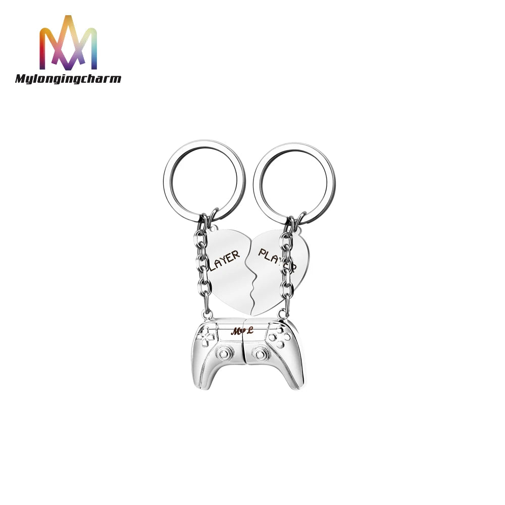 Custom Logo Stainless Steel 3D Spliced Heart Magnetic Game Handle Bag Hanger Couple Keychain for Valentine's Day Gift
