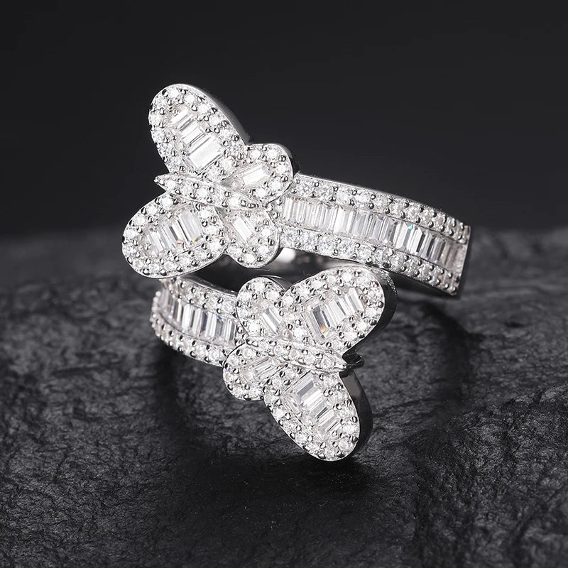 New Arrivals Wedding Jewelry Gift 925 Sterling Silver VVS Baguette Moissanite Butterfly Ring Luxury Accessories Ring