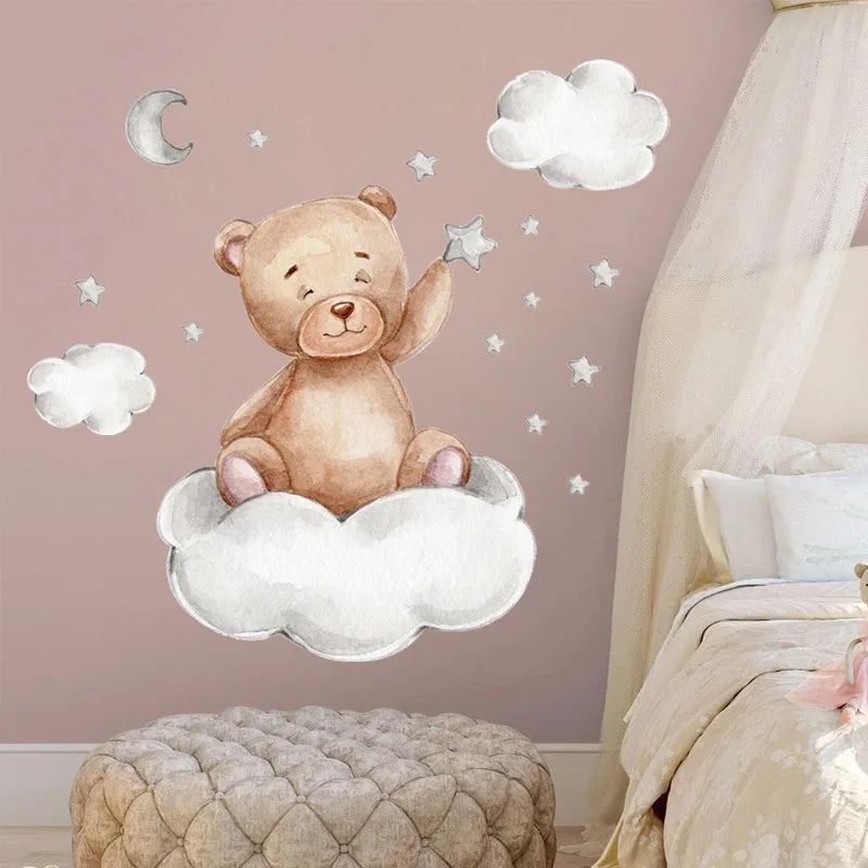 Moon Cloud PVC Large Wall Stickers for Kids' Bedrooms Boys' Stars and Bear Decoration for Children's Rooms