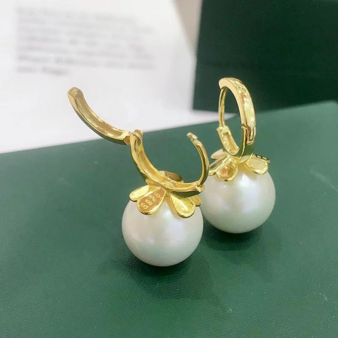 E849 11-12mm DIY Natural  Freshwater Pearl Charm Earrings Mounting Accessory 925 Sterling Silver Gold Plated  Jewelry for Women