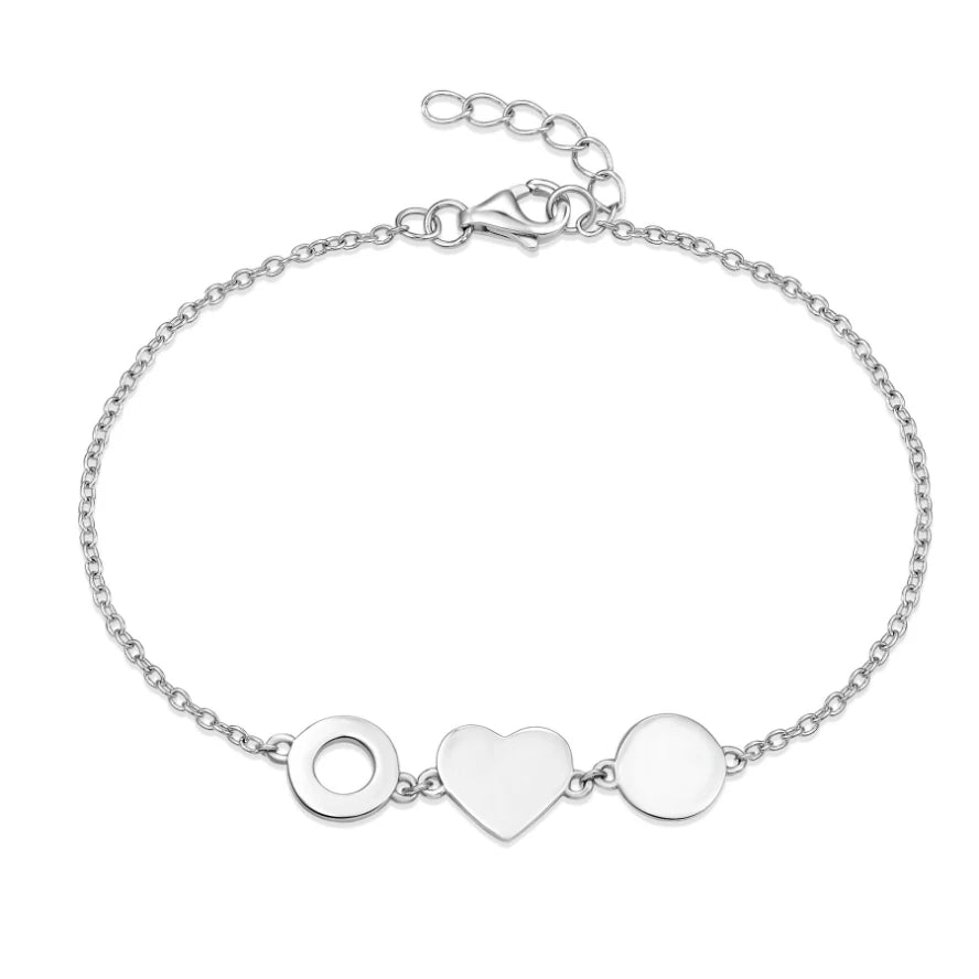 Rhodium Plating 925 Sterling Silver Heart Circle Charm Bracelet Minimalist Geometric Link Chain Adjustable Jewelry Women Gift