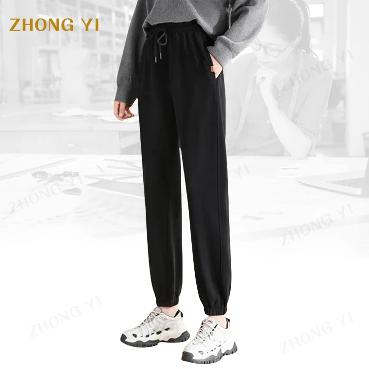 Factory Wholesale Custom Women's Fashion Solid Color Sports Pants Loose Beam Feet Knitted Cotton Sweatpants Casual Long Pants