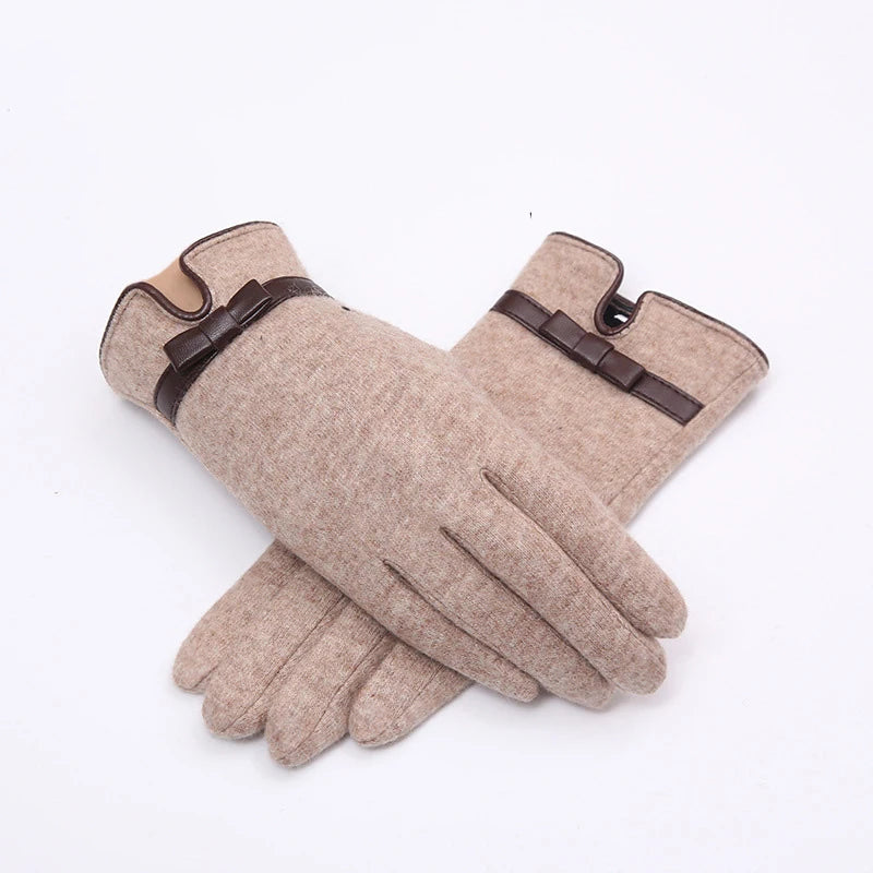 Wholesale Warm Wool Gloves for Women Winter Elegant Thick Gloves With Faux Leather Bowknot for Ladies