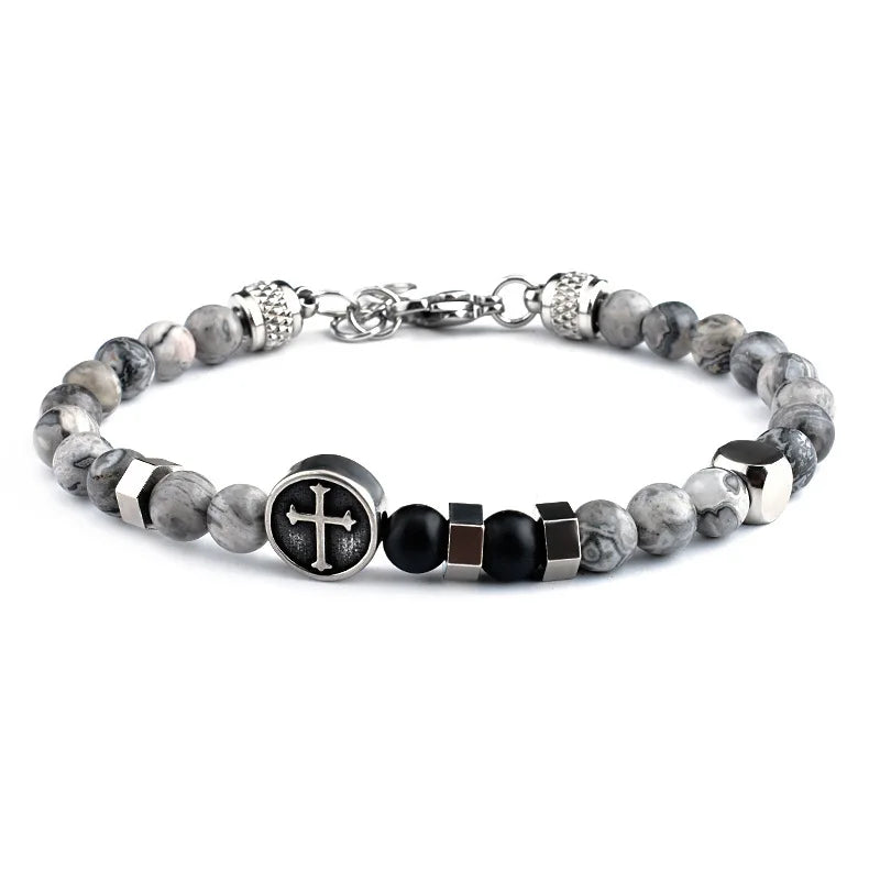 Natural Stone Beads Cross Bracelet Stainless Steel Clasp Custom Design Bracelets Jewelry for Men