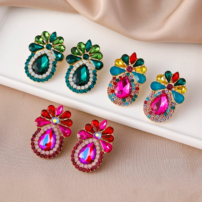Vintage Colorful Gemstone Earrings Rhinestone Crystal Geometric Stud Party Earrings Women Jewelry