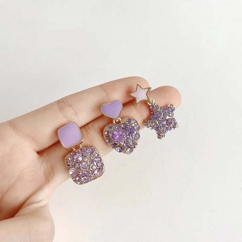 INS Heart Purple Star Shaped Crystal Stud Earrings Women Jewelry