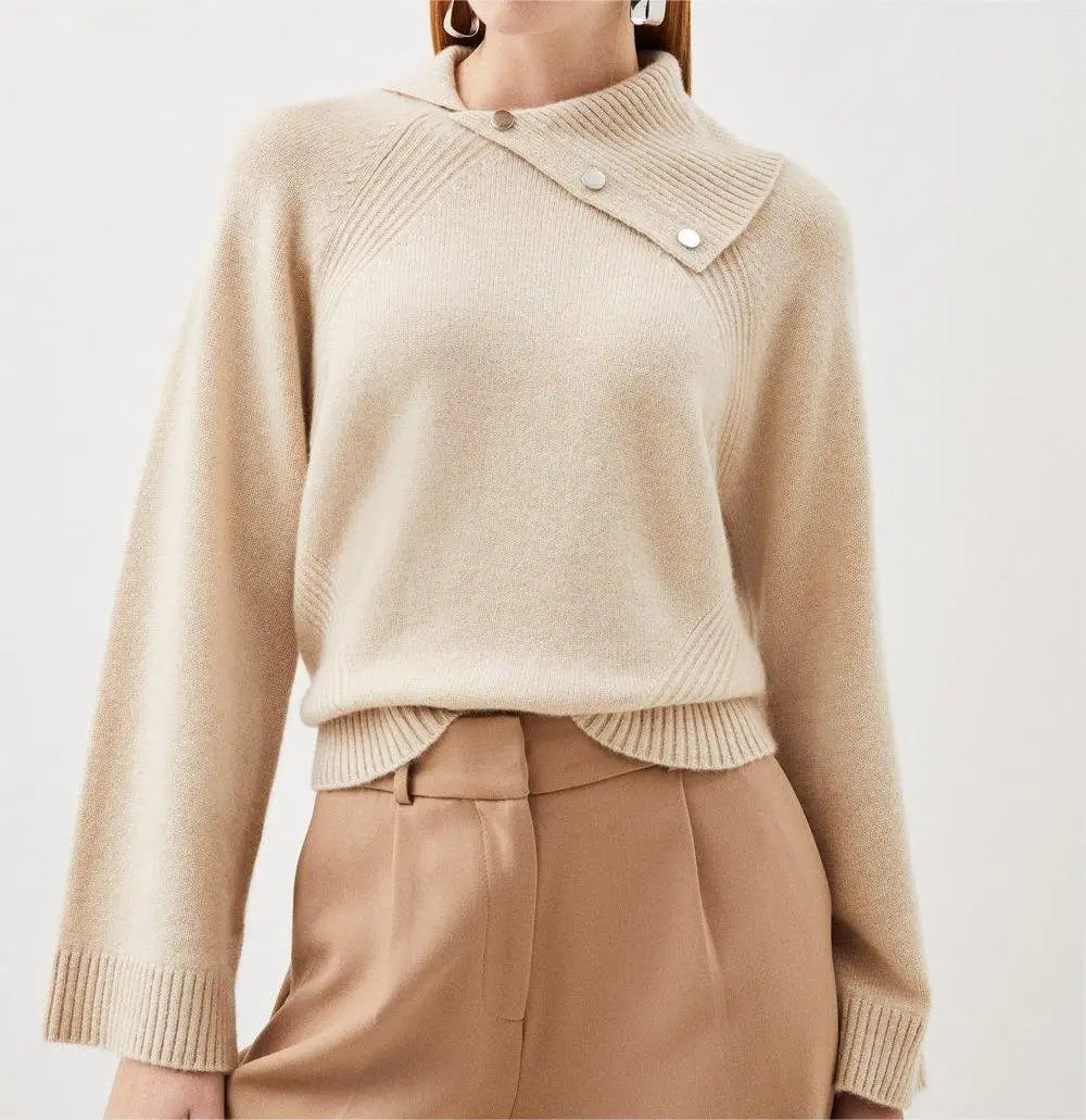 2026 Knitwear Manufacturer Custom Loose Ladies Wool Cashmere Blend Envelope Neck Sweater Soft Knitted Irregular Jumper