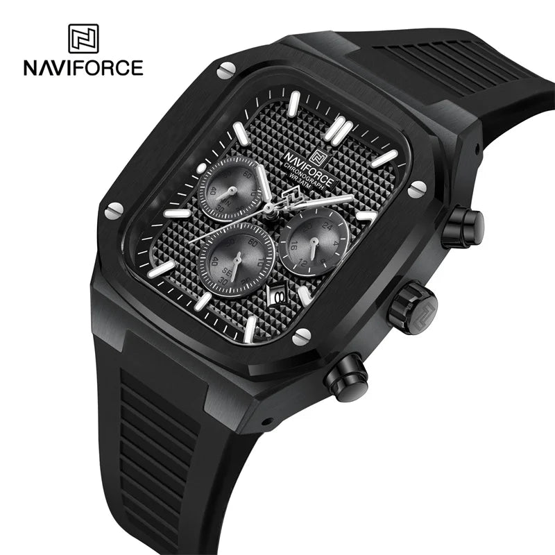 NAVIFORCE 8037 BBB All Black Silicone Big Dial Small Three Needle Quartz Wrist Watches for Men Luxury Small Three Needle Watches