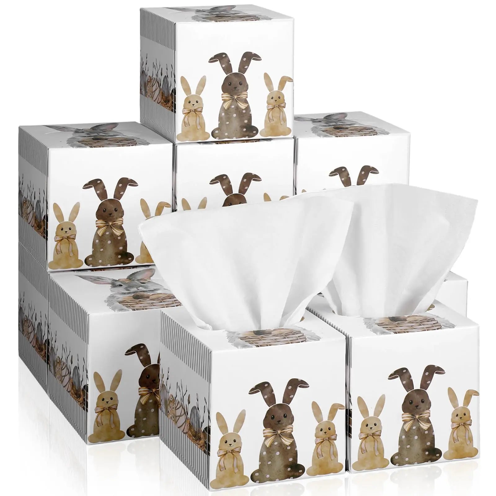 Small Easter Rabbit Face Tissue Cube Boxes 600 Sheets Kraft Paper for Home Car Bulk Household Accessories Use with Candles