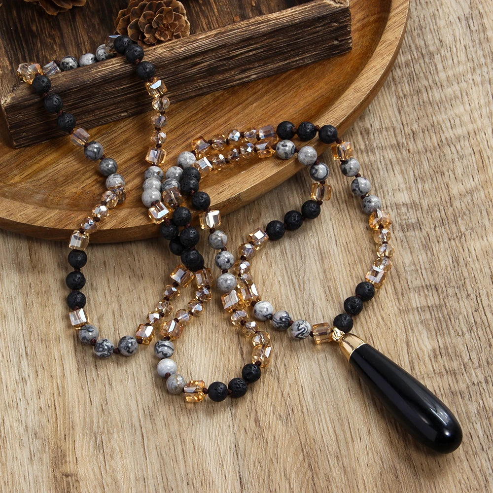 New Bohemian Handmade Jewelry 6mm Natural Stone Crystal Glass Beads Knotted Necklace Stone Drop Pendant Necklaces