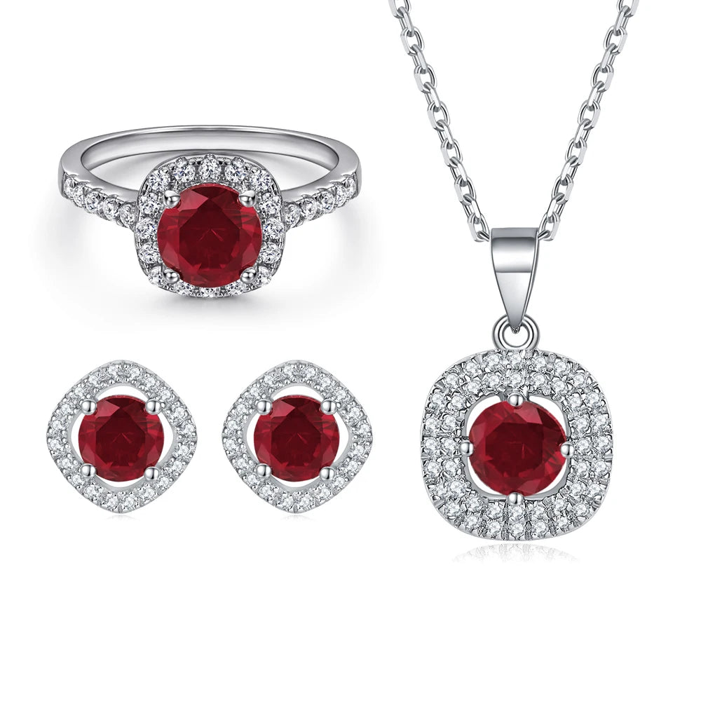 Ruby Jewelry Set Luxury 925 Sterling Silver Square Natural Red Stone Zircon Ring Necklace and Earrings Sets