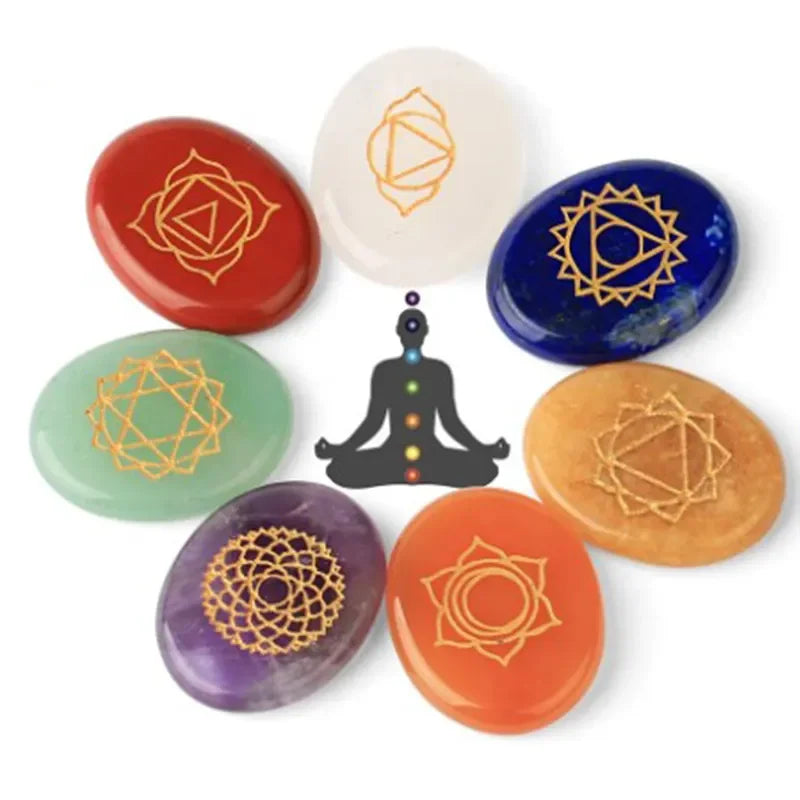 Reiki Healing Crystal Stones Engraved Symbols Holistic Balancing Polished Palm Stones 7 Chakra Set