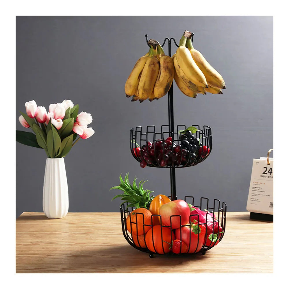 2 Tier Fruit Basket Bowl with Banana Hanger for Kitchen Countertop Detachable Fruit Vegetable Storage Holder Display Rack