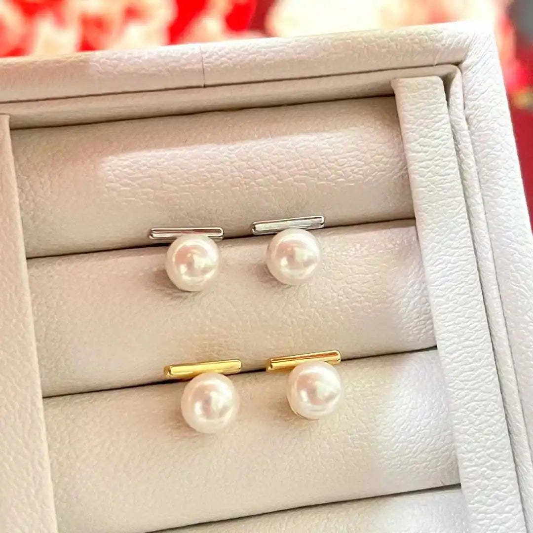 7-8mm Natural Freshwater White Pearl Stud Earrings AAAAA Grade 18K/Platinum Plated Balanced Fungus Nails Design Trendy Wedding