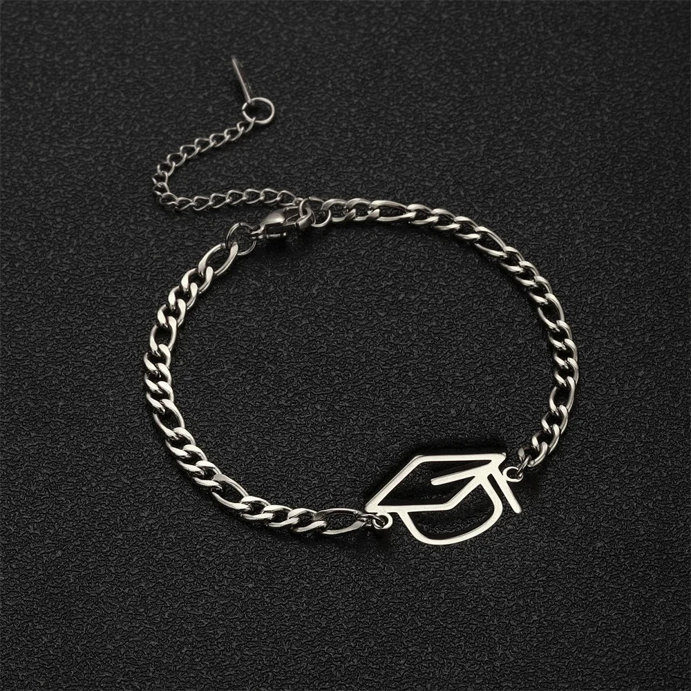 Bachelor Cap Charm Bracelet for Women Men Stainless Steel Figaro Chain University Student Graduation Gifts Jewelry for Friends