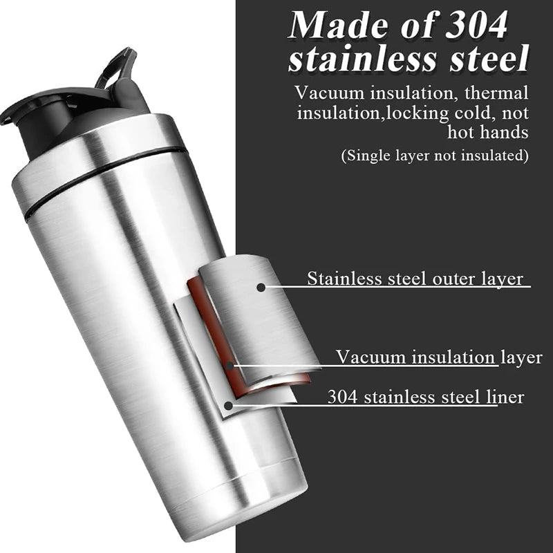 304 Stainless Steel Water Protein Shaker Bottle Portable Double Layer Protein Mixer Shaker Cup for Protein 750ML