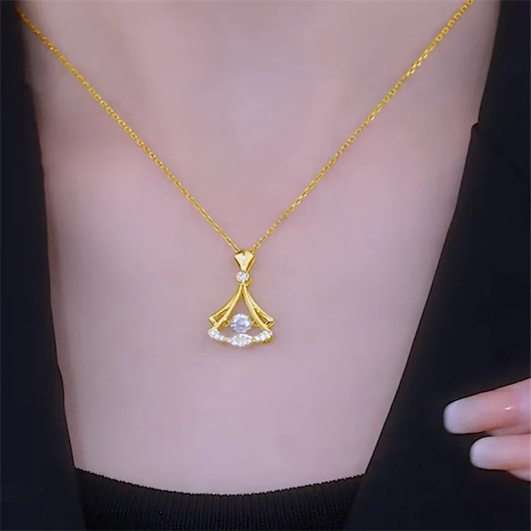Wholesale High Quality Titanium Steel 18k Gold Plated Luxury Simple Women Diamond Fan Necklace