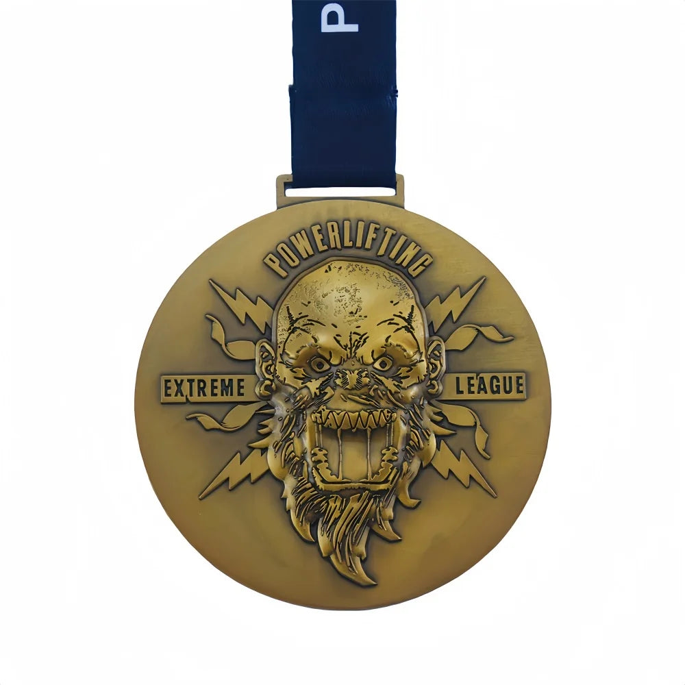 Portugal 3D High Relief Antique Gold Weightlifting Medals for Powerlifting Competition Sport Medals with Ribbon