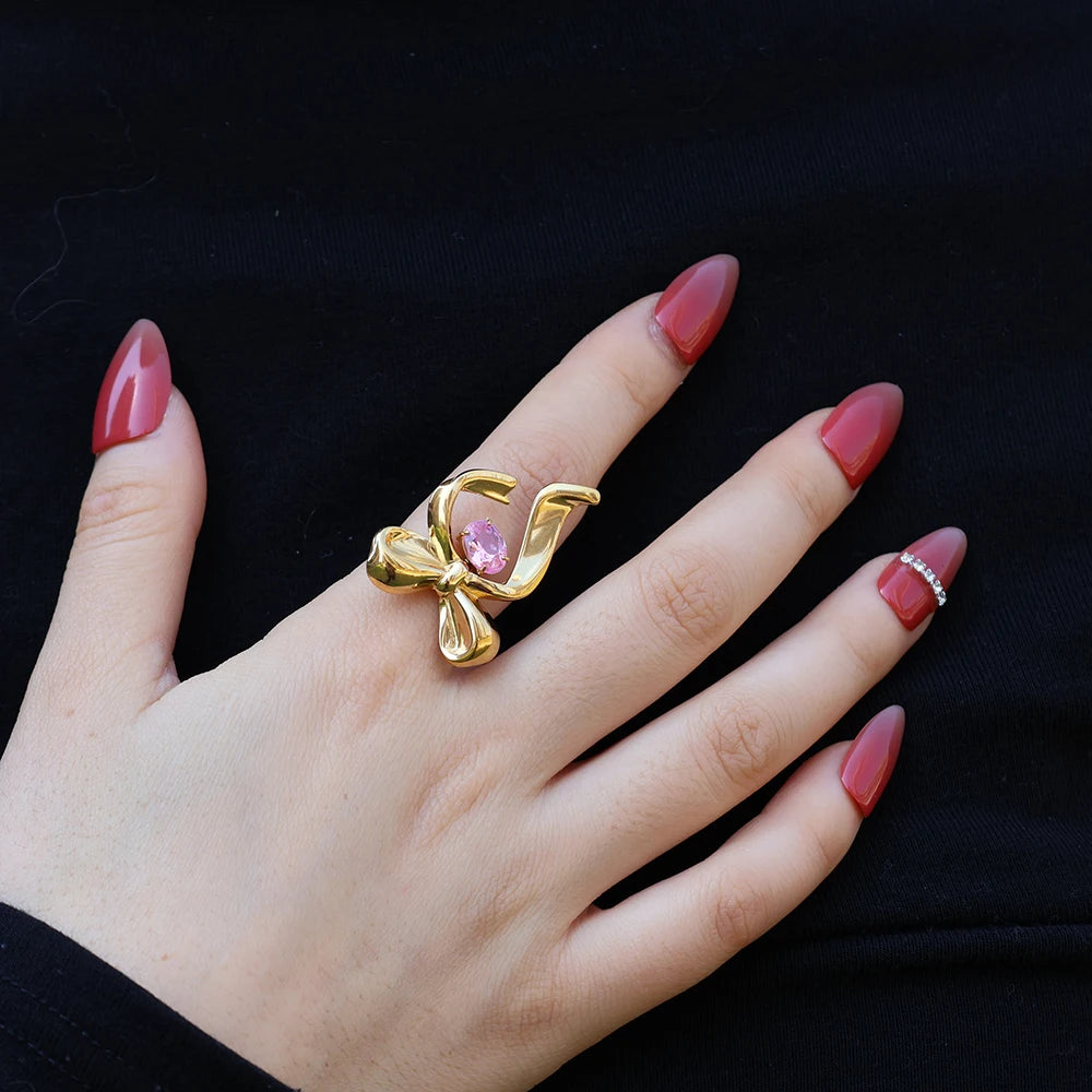 Customized Jewelry Manufacturer PVD Plated 18K Gold Custom Bow Inlaid Pink Zircon Opening Ring for Girls