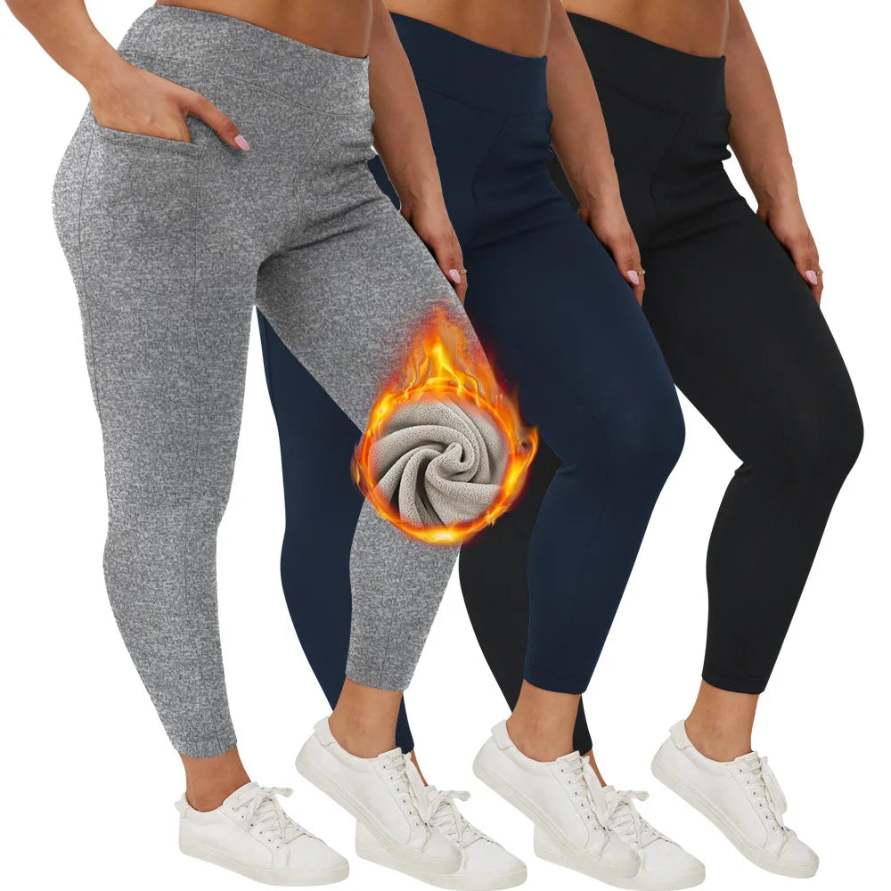 Thickened Fleece Lined Plus Size High Waist Winter Thermal Leggings with Pockets for Women Custom Logo Outdoor Warm Pants