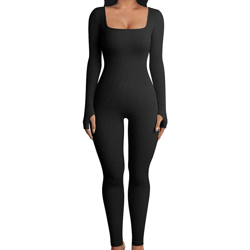 Custom Logo Long Sleeve Ribbed Jumpsuit for Women Autumn Winter Quick-Dry Yoga Bodysuit Full-Length Fitness Activewear