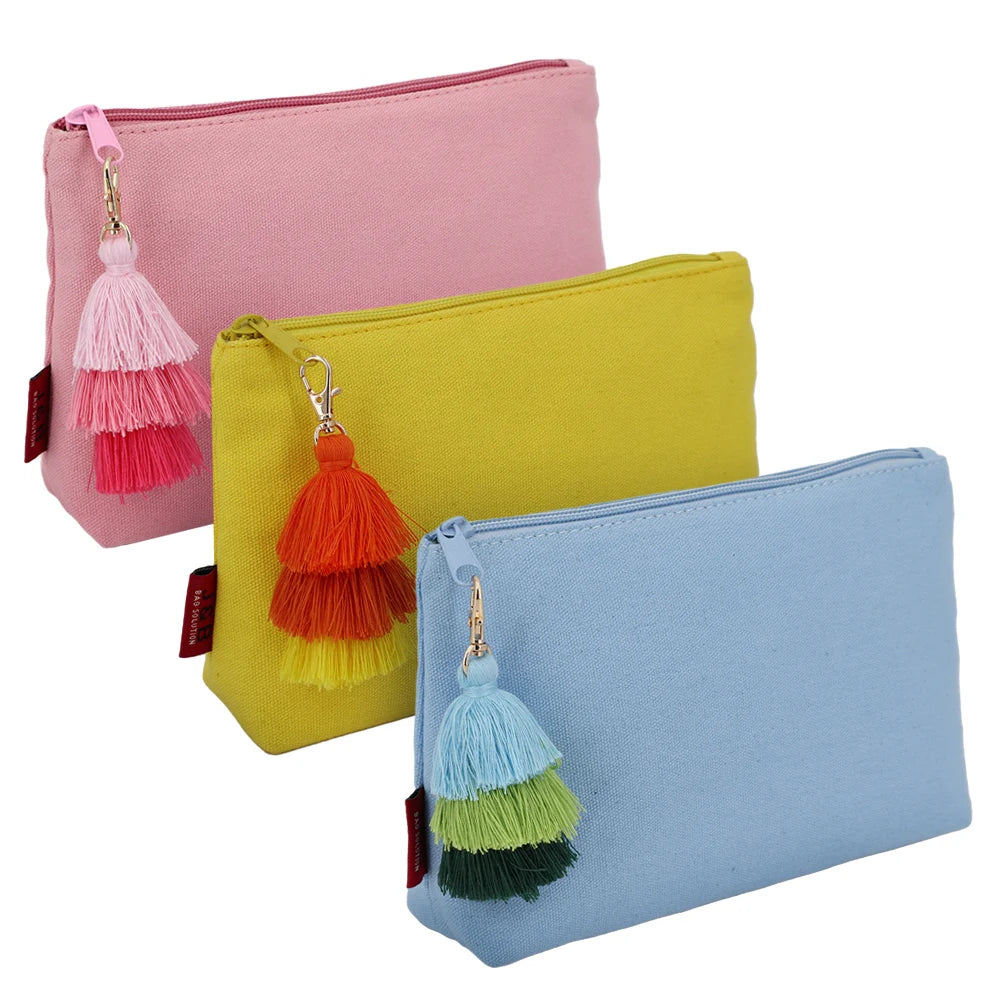 Casual Cotton Canvas Zipper Pouch Bag with Colorful Cotton Tassel Decoration Custom Eco Friendly Natural Beauty Bag Girls Gift