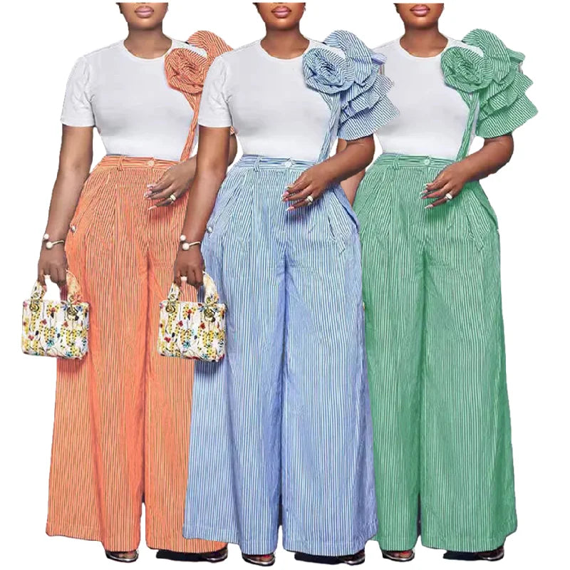 K3271 Trendy Summer Outfits for Women O-neck T-Shirt and Striped Contrast Color Wide Leg Pants Two Piece Set Women Clothing