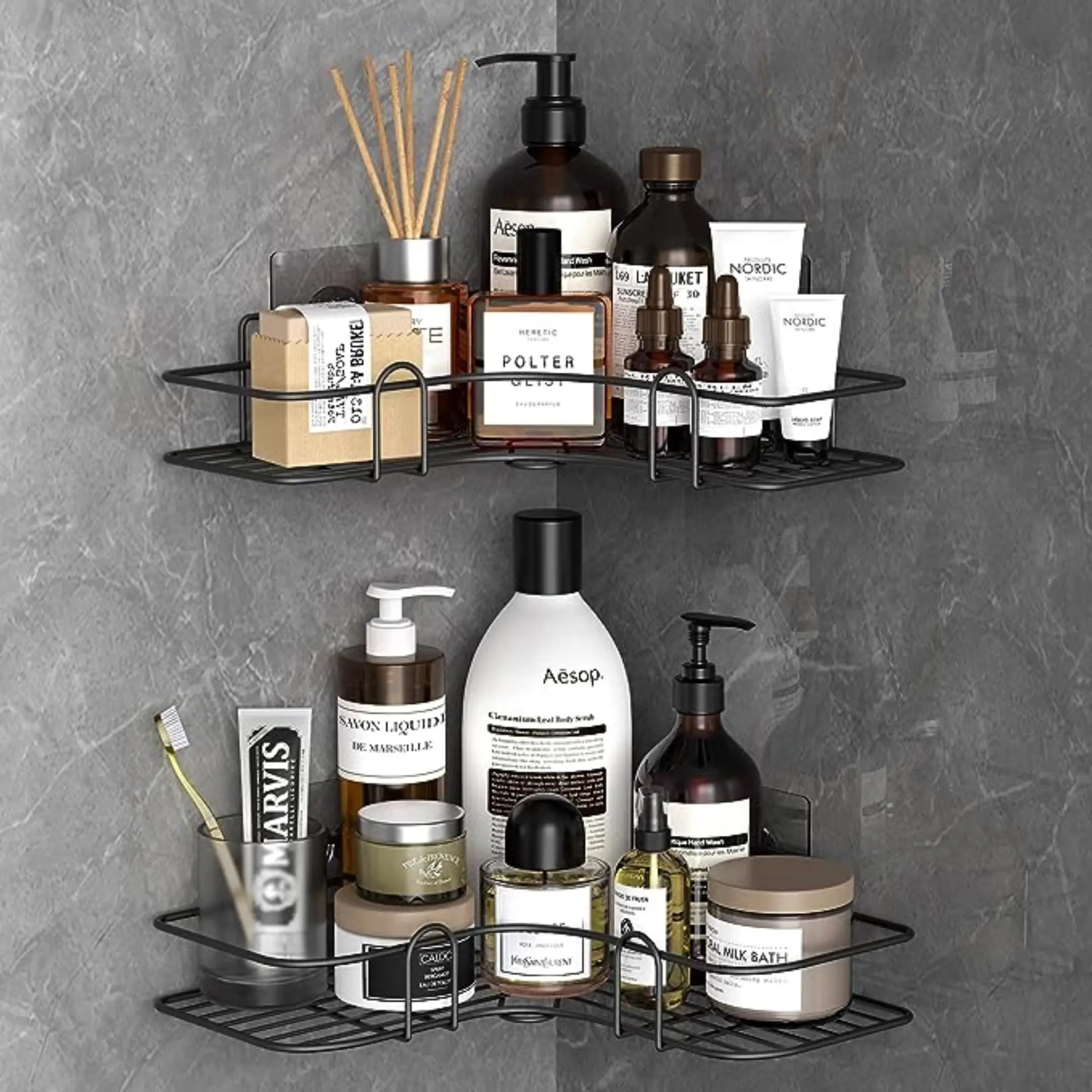 Metal Shower Wall Mount Bathroom Shelf Suction Kitchen & Bathroom Storage Holder for Shampoo No Drilling Required