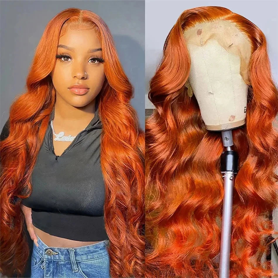 Wholesale HD for Lace Front Brazilian Remy Hair Long Body Wave Wig Ginger Brown 150% Density Pre Plucked Hairline