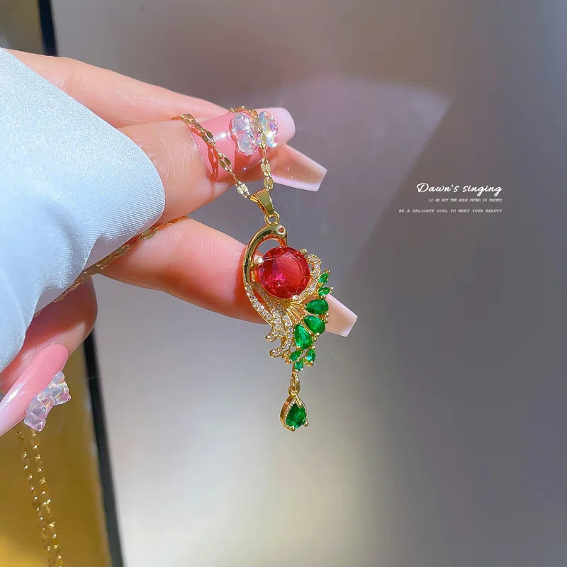 Shiny Zircon Peacock Pendant Necklace Stainless Steel Link Chain Gold Plated Micro Pave Zircon Cz Peacock Choker Necklace
